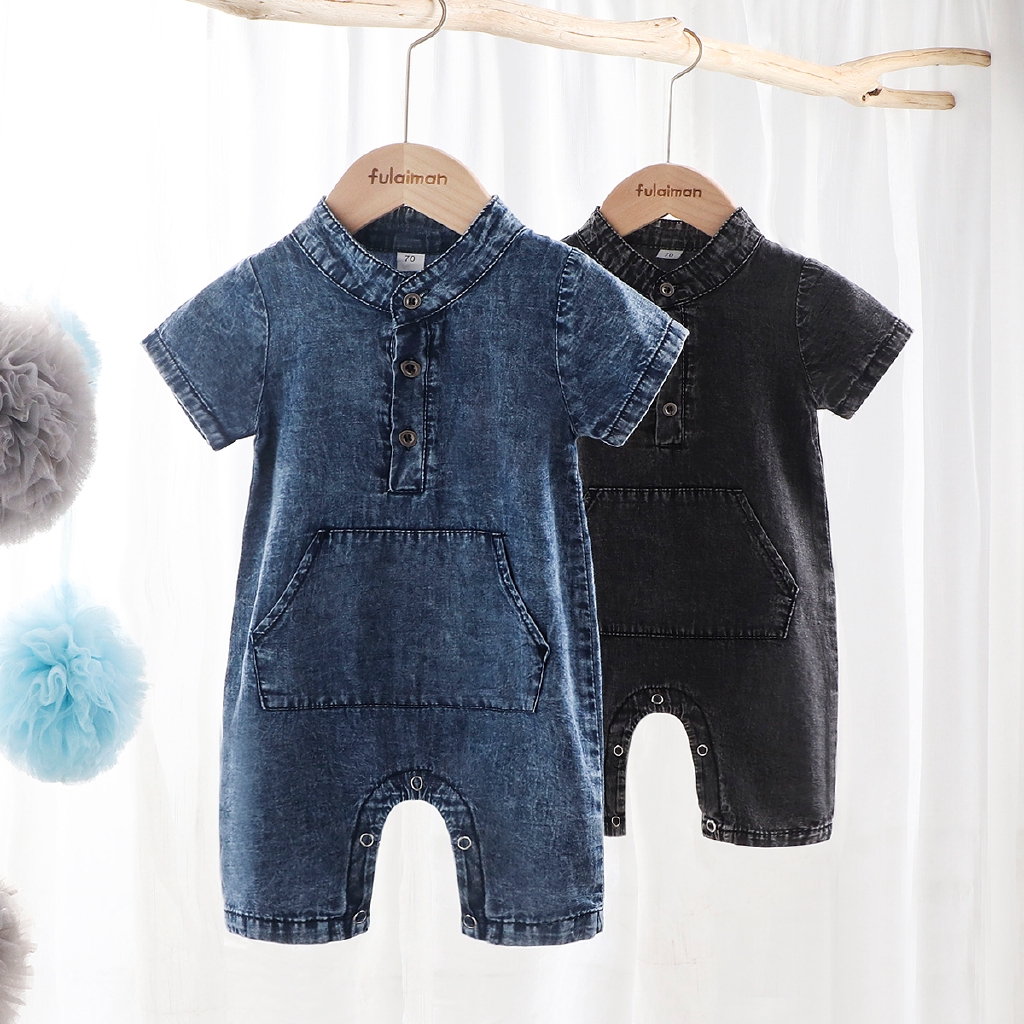 1 Bộ Jumpsuit Denim Tay Ngắn Cho Bé Trai &amp; Gái Sơ Sinh Từ 0-18 Tháng Tuổi