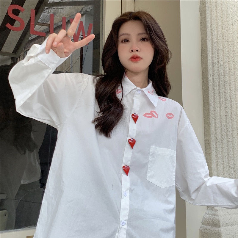 Áo sơ mi ZHELIHANGFEI tay dài dáng rộng họa tiết đôi môi phong cách đi học dễ phối đồ thời trang