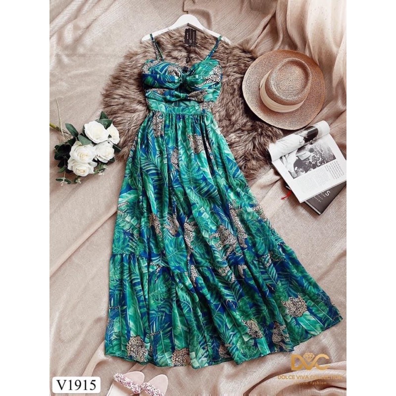 V1915 - váy chính hãng DVC - váy maxi xanh hoa | BigBuy360 - bigbuy360.vn