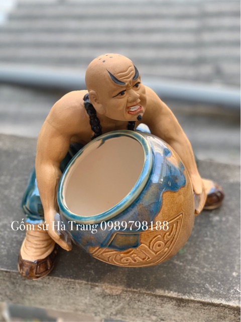 Tượng trồng cây bonsai  La Hán ôm chậu cây Tài Lộc  Gốm sứ Bát Tràng cao cấp
