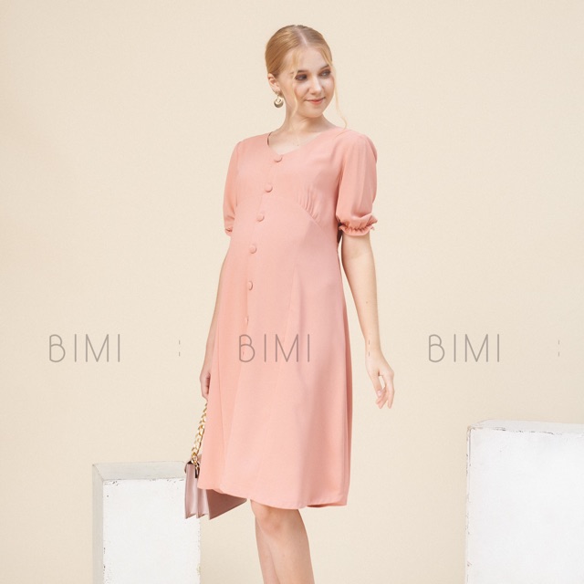 ĐẦM HỒNG NÚT CỔ V - BIMI