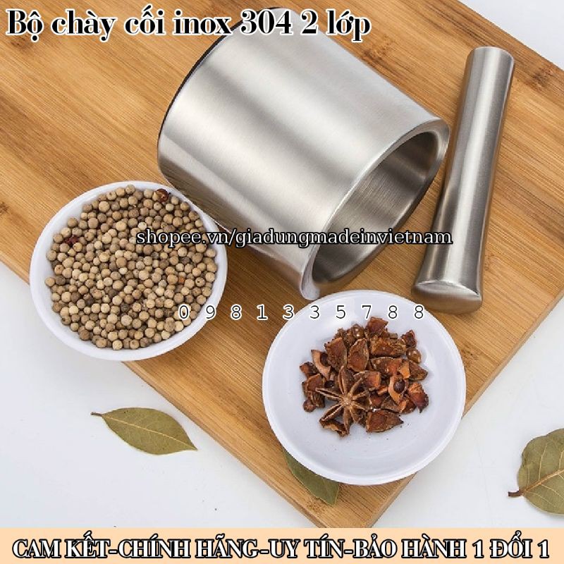 Bộ chày cối inox 304 cao cấp Vietcook cối inox 1, 2 lớp đủ size 10, 12, 14, 16, 18 cm