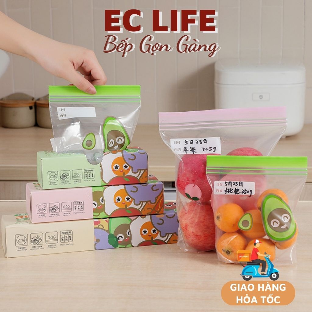 Túi zip đựng thực phẩm tái sử dụng 2 dây khóa zip đáy đứng mở rộng bảo quản thực phẩm tủ lạnh EC Life 0305