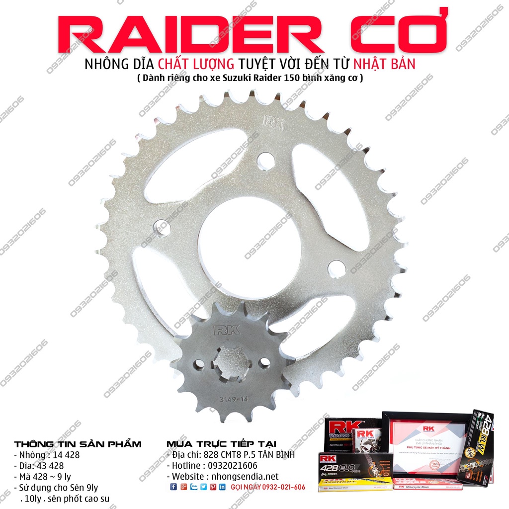 Nhông dĩa RK xe Raider 150cc bình xăng cơ 9 ly chính hãng