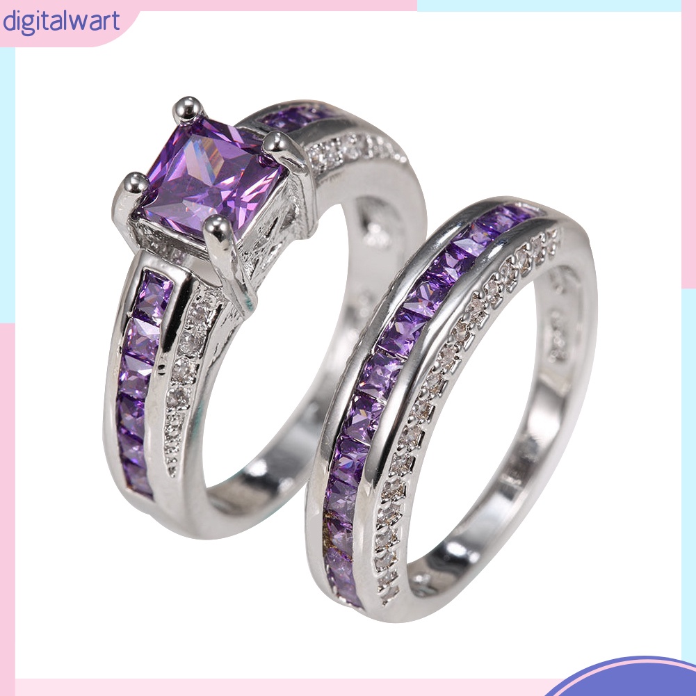 Set 2 nhẫn mặt vuông đính đá thạch anh tím