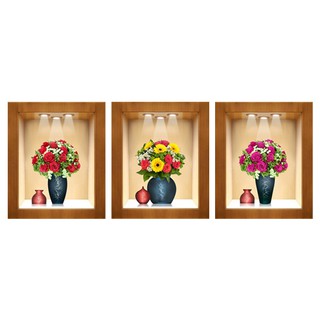 Bộ 3 tranh dán tường VTC ô 3D bình hoa Binh_3D_008 KT 30 x 45 cm kim sa