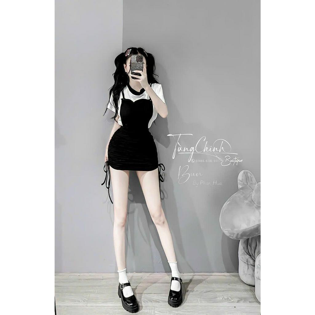 Set đồ nữ đi chơi dễ thương, set yếm ngắn sexy kèm áo thun cổ tròn xinh xắn phong cách hàn quốc cute