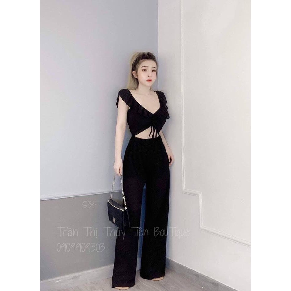 Set áo cánh tiên cổ tim rút dây ngực và quần ống rộng | BigBuy360 - bigbuy360.vn