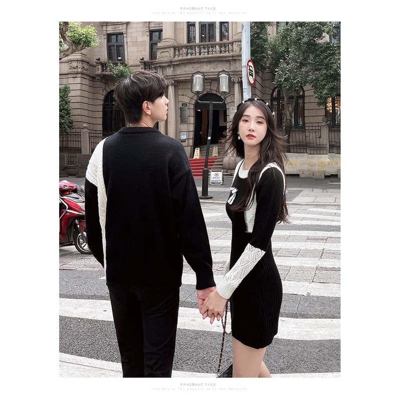 New oder. Set đồ đôi tình nhân, áo len nam và váy đầm len body phối màu đen trắng kiểu cách.