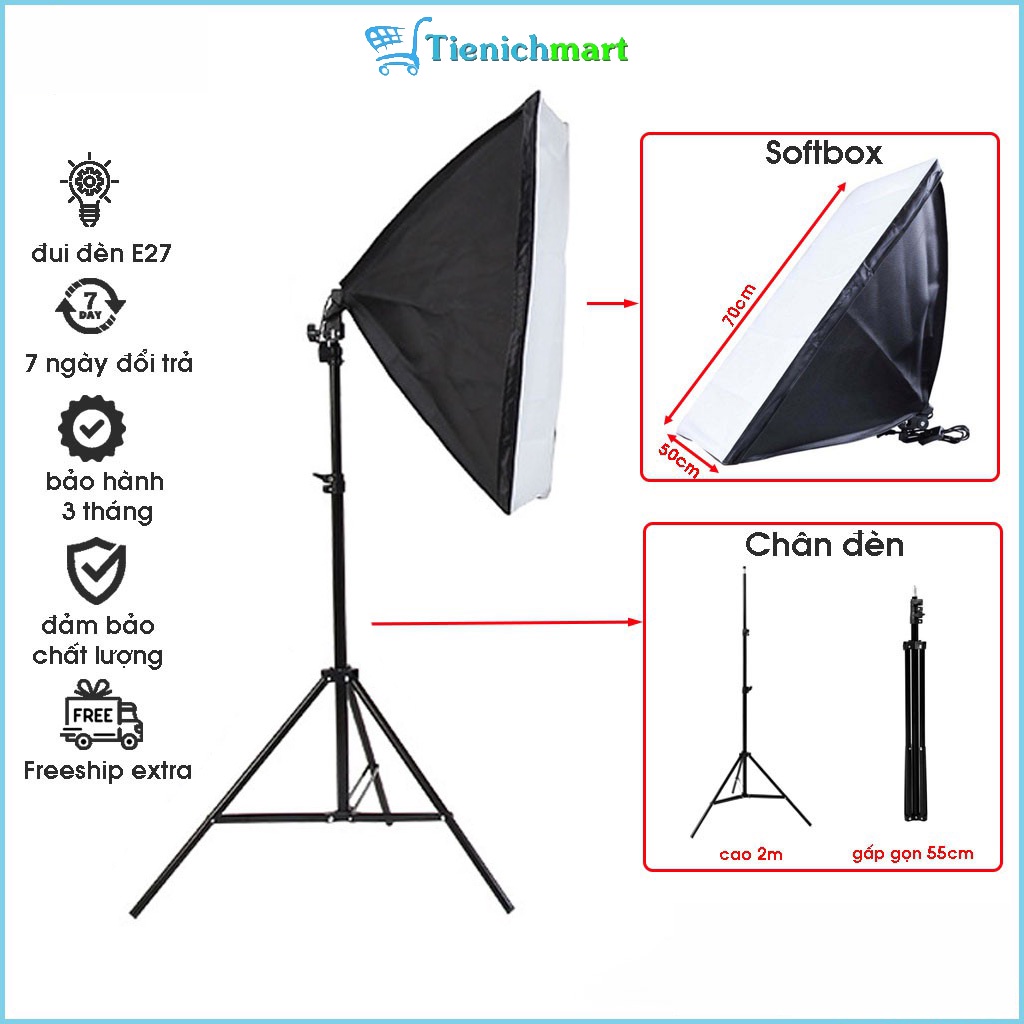 Bộ đèn studio chụp ảnh, quay phim, Livestream chuyên nghiệp, cao 2m softbox 50x70cm