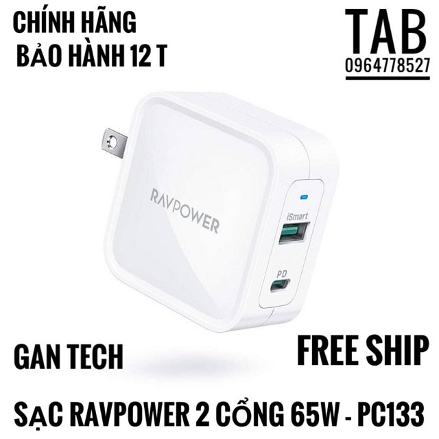 [Mã ELMSBC giảm 8% đơn 300K] Sạc RavPower PD 2 Cổng 65W (GAN TECH) - Chính Hãng (Bảo Hành 12T)