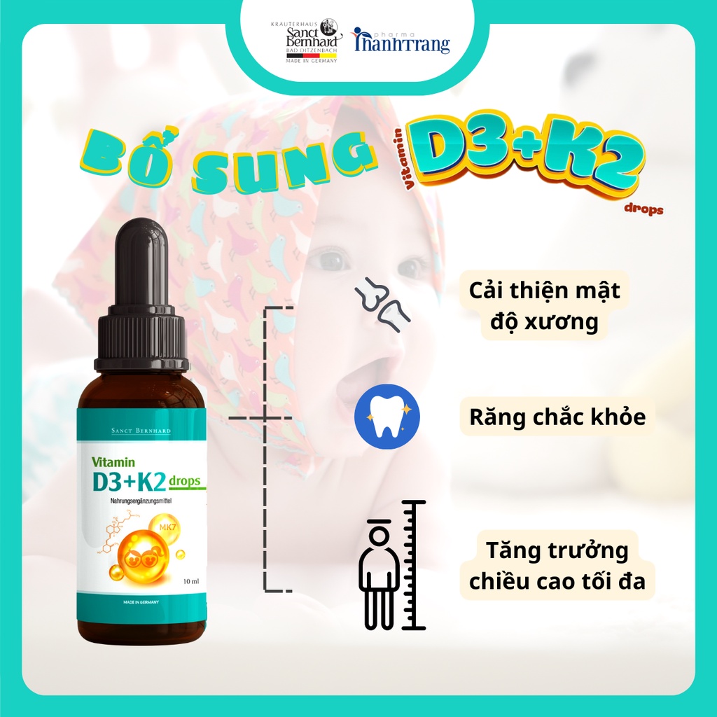 Vitamin D3 K2 MK7 Sanct Bernhard Đức tăng hấp thu Canxi trong 1 giọt, viên uống bổ sung canxi cho bé (10ml)