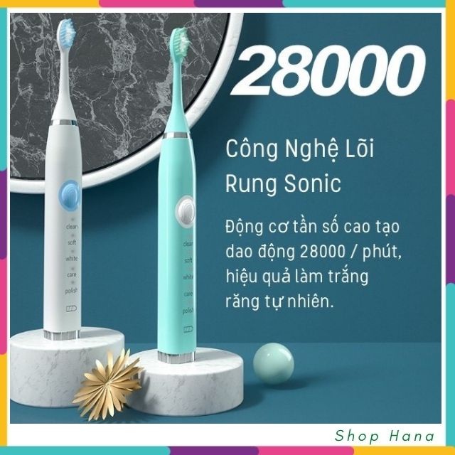 [Free Ship] Bàn Chải Đánh Răng Tự Động Sonic 5 Cấp độ với 4 đầu bàn chải làm sạch, làm sáng và làm trắng răng HNH017