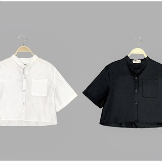 Áo sơ mi cổ tàu túi trước dáng croptop