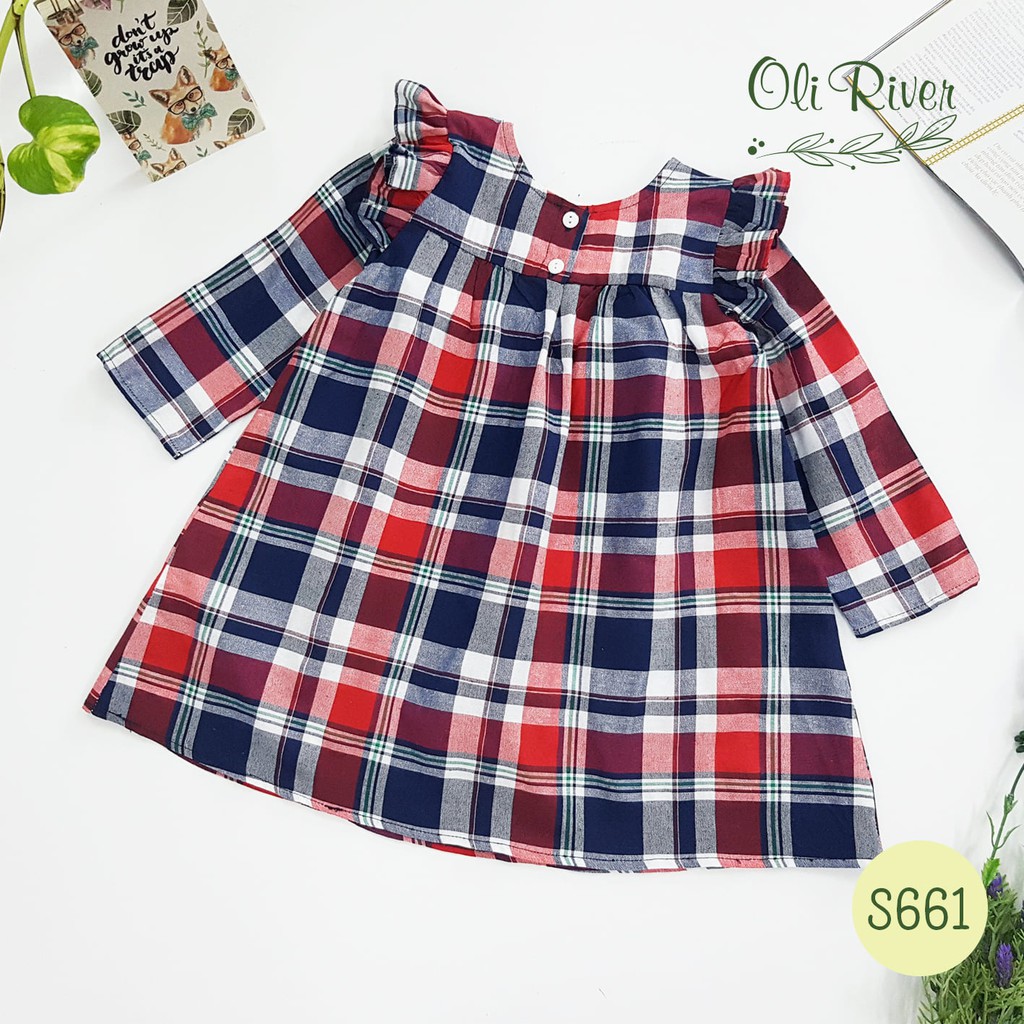 ĐẦM BÉ GÁI TAY DÀI HỌA TIẾT CARO OLIRIVER 7489