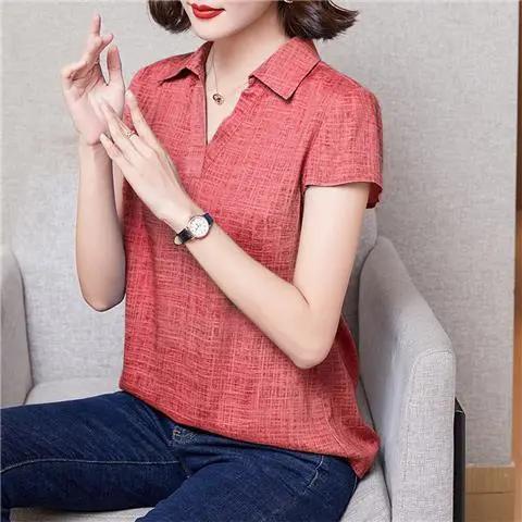Áo thun cotton lanh ngắn tay thời trang mùa hè cho phụ nữ trung niên