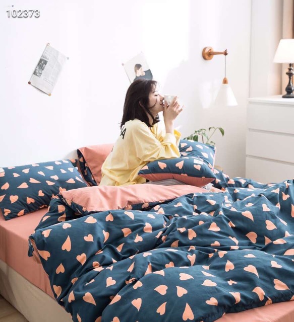 Bộ chăn ga Cotton hoạt tính - Mẫu tim xanh.