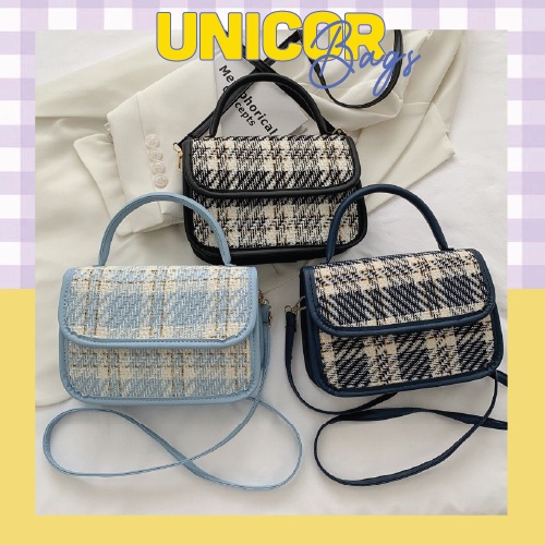 Túi Xách Nữ Vuông Họa Tiết Kẻ Sọc Xu Hướng Thời Trang 2021-Đen/Xanh Dương-Có Quà Tặng