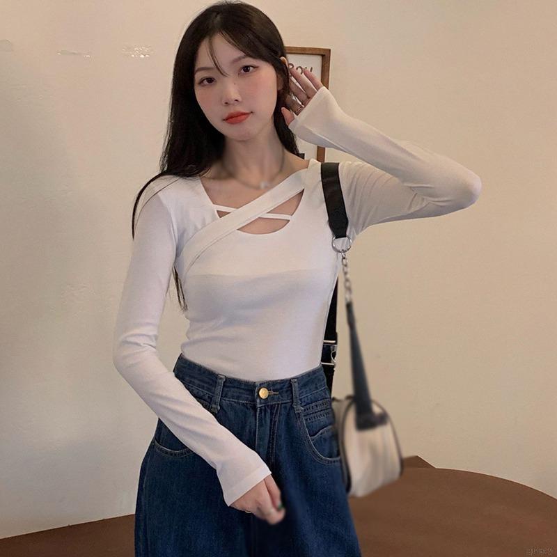 Áo thun tay dài cổ tròn màu sắc đơn giản cho nữ