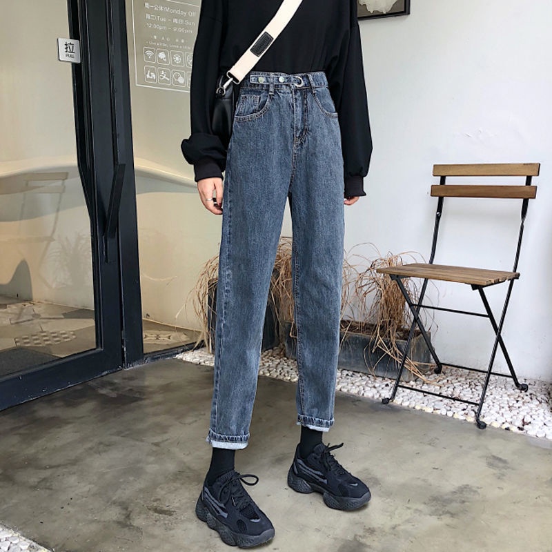 Quần Jeans Dài Lưng Cao Dáng Rộng Thời Trang Mùa Đông Hàn Quốc Cho Nữ