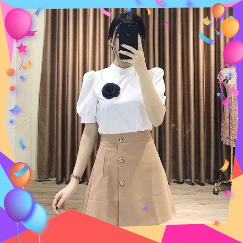 Quần giả váy kiểu chân váy chữ a phối cúc hoa 3 màu Đen - Xanh than - Kem - Chất tuyết mưa - Mặc đi làm đi chơi cực xinh | BigBuy360 - bigbuy360.vn