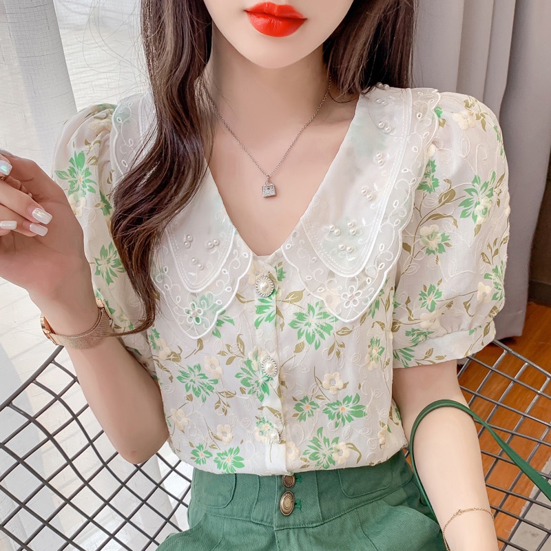 Áo Sơ Mi Voan Thêu Hoa Ngắn Tay Thời Trang Mùa Hè Hàn Quốc Dành Cho Nữ