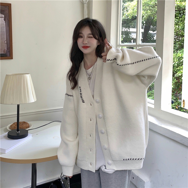 Áo khoác cardigan len màu trắng đen thời trang thu đông hàn quốc, Áo khoác len nữ, Áo len cardigan nữ, Khoác len cadigan