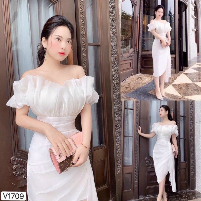 ĐẦM MIDI VOAN TƠ TRẮNG XẾP NHÚN RỚT VAI TÀ LỆCH