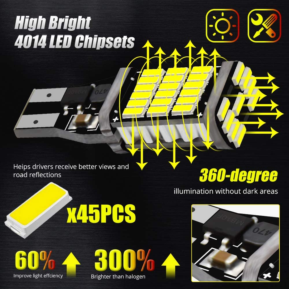 Set 2 Bóng Đèn LED T15 W16W 921 912 T16 902 Công Suất Cao 45 4014SMD 1200LM Ánh Sáng Trắng Dành Cho Ô Tô