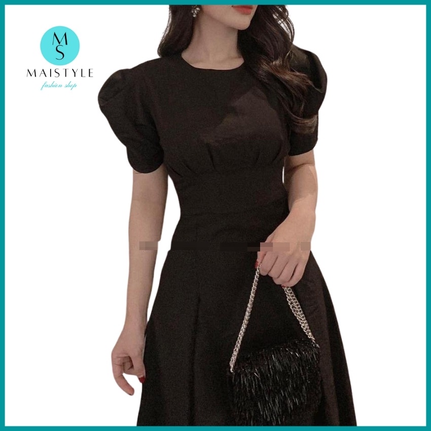 Váy trắng đen MAISTYLE đầm nữ công sở dự tiệc dáng dài qua gối xinh thiết kế đẹp tay phồng cao cấp xòe midi vải linen | BigBuy360 - bigbuy360.vn