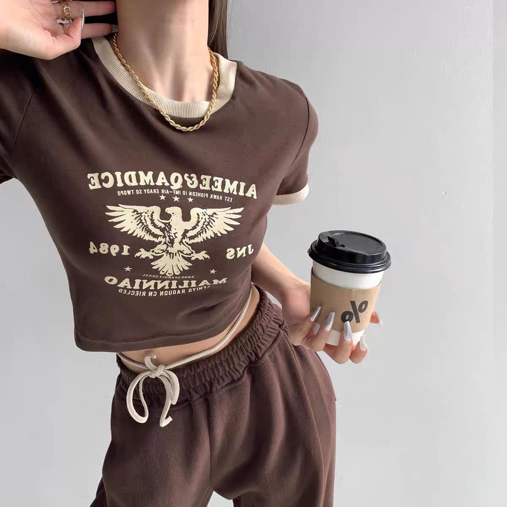 Áo Thun Croptop Tay Ngắn Hoạ Tiết In Hình Đại Bàng Phối Dây Đan Eo
