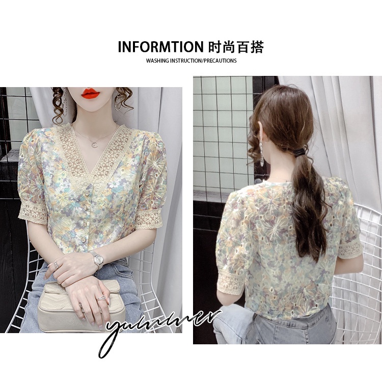 Áo Kiểu Ngắn Tay Phối Ren Hoa Mỏng Thiết Kế Mới Xinh Xắn Thời Trang áo sơ mi voan hoa áo ren tay ngắn