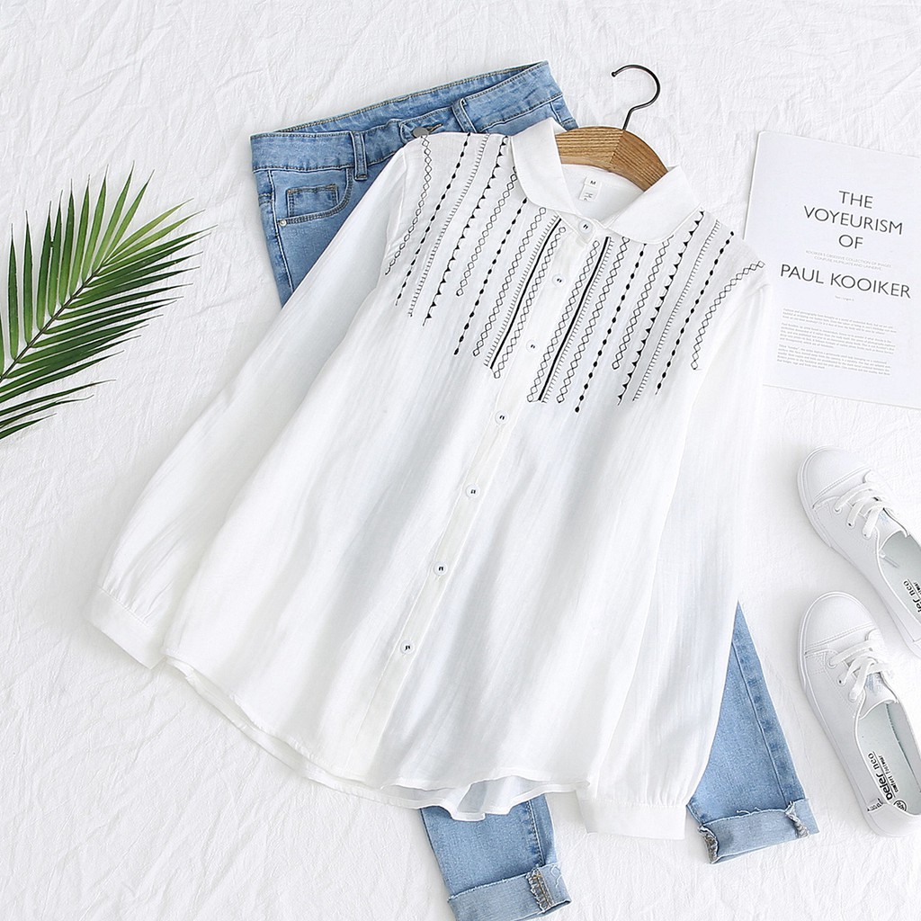 Áo SƠ MI TRẮNG  vải xô thêu hoa văn Nữ  maicuteshop