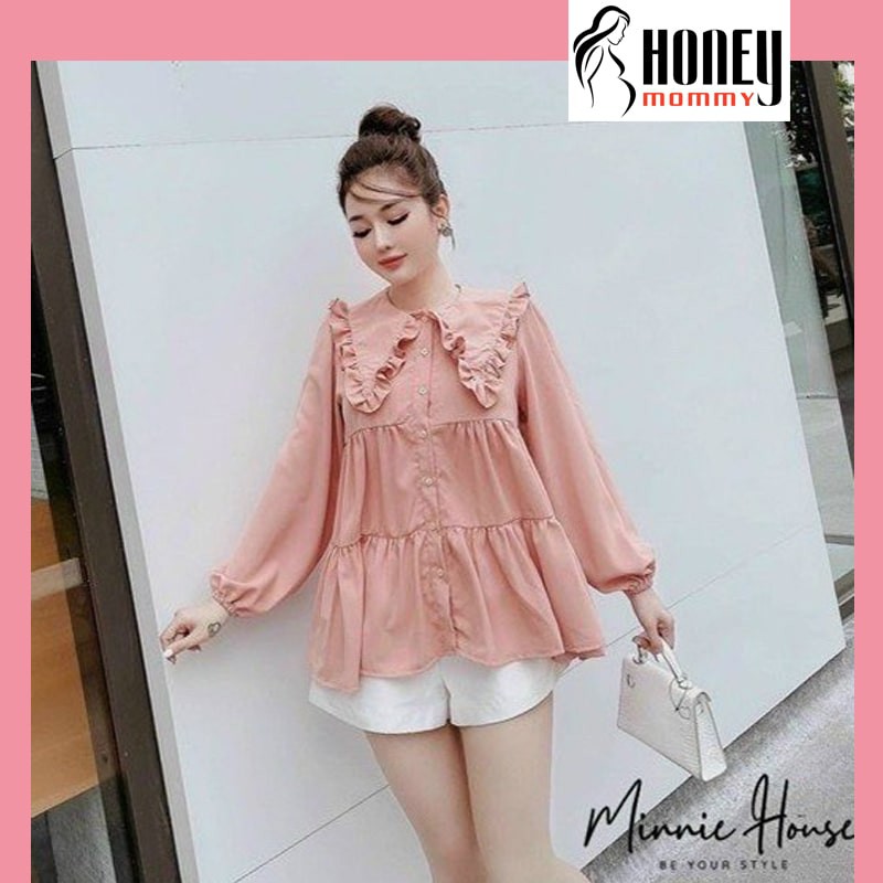 Áo Bầu Dáng Babydoll Dài Tay Chất Đũi Dày Dặn Cổ Bèo Thiết Kế Xinh Công Sở Đi Chơi Đám Cưới HS3607 Honey Mommy