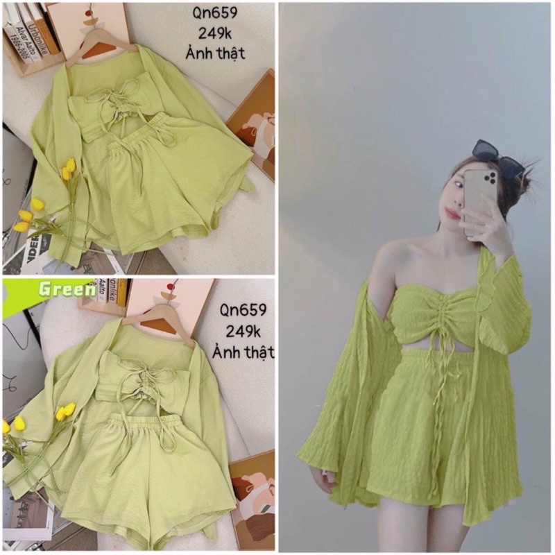 Sét Bộ 3 Món Thời Trang Nữ♥️Áo Khoác Sơ Mi Kèm Croptop Quây Chun Lưng Phối Quần Đùi Ống Rộng Cho Các Nàng Đi Biển Hot