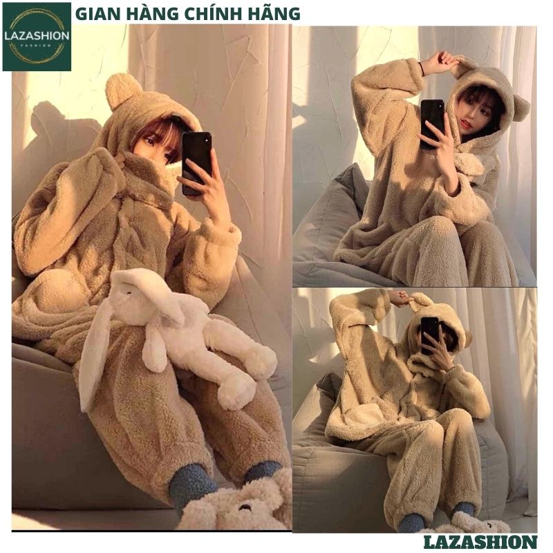 Bộ đồ lông gấu mặc nhà đáp cổ kiểu dáng hàn quốc ulzzang ,bộ ngủ ấm áp mùa đông kute dễ thương - LAIKA