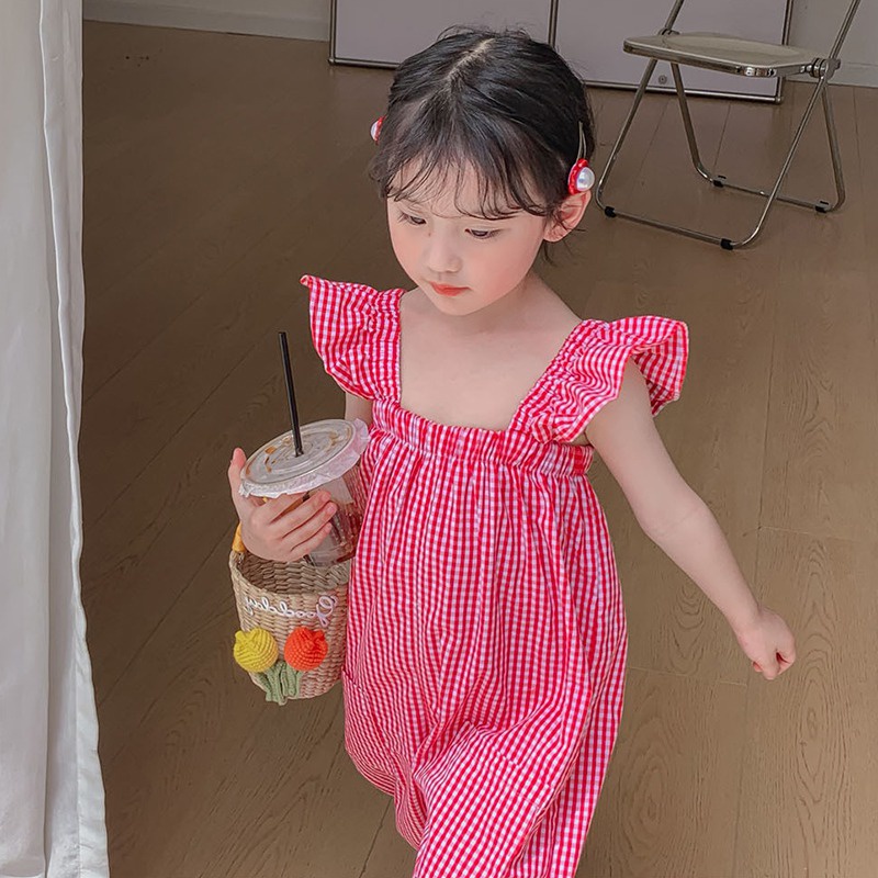 Bộ Áo Liền Quần Hai Dây In Họa Tiết Caro Phong Cách Hàn Quốc Thời Trang Mùa Hè Cho