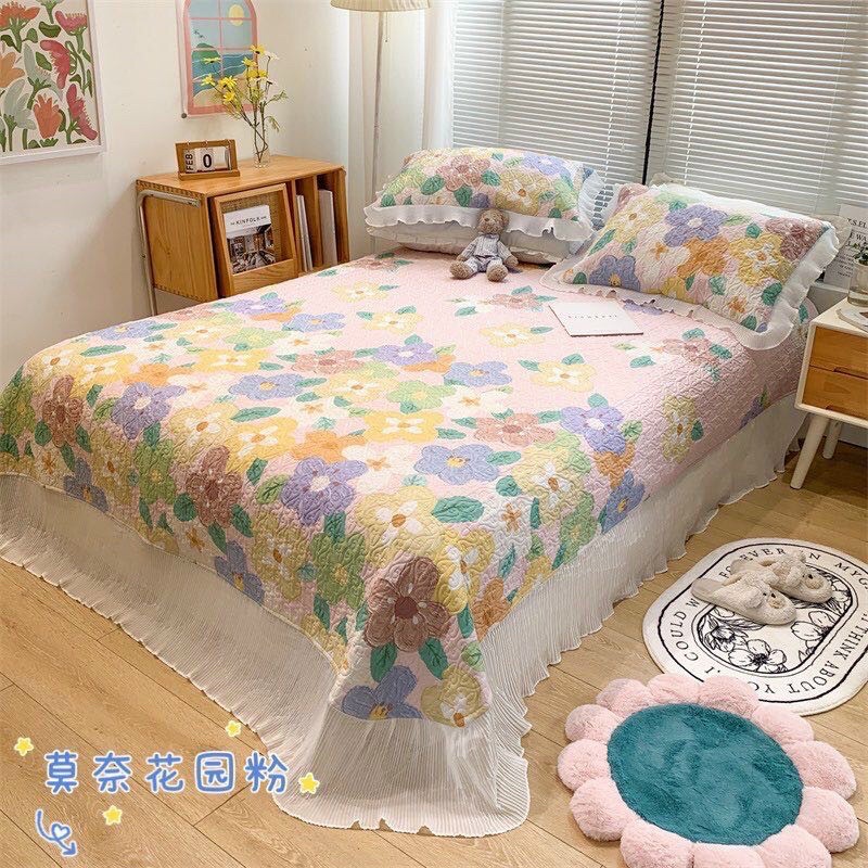 SÉT GA GỐI COTTONG TRẦN PHỦ BÈO REN CAO CẤP(gồm 1 ga phủ và 2 vỏ gối)