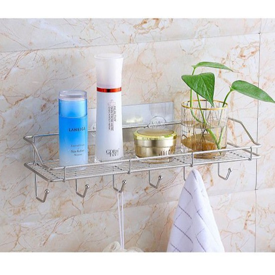 Kệ Để Đồ Nhà Tắm Nhà Bếp Inox Không Gỉ, Giá Treo Tường Đựng Gia Vị Nhà Bếp Kèm Móc Treo Khăn