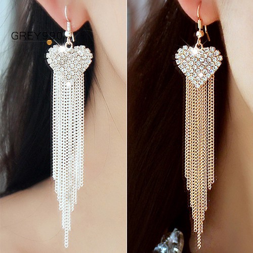 Women's Love Heart Long Rhinestone Hook Earrings