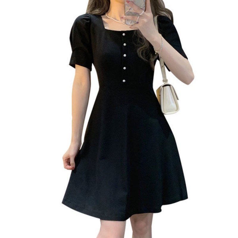 Đầm Đen Phong Cách Pháp Thanh Lịch 165463 Đầm Midi Dáng Chữ a Cổ Vuông Thiết Kế Tinh Tế Thời Trang Retro