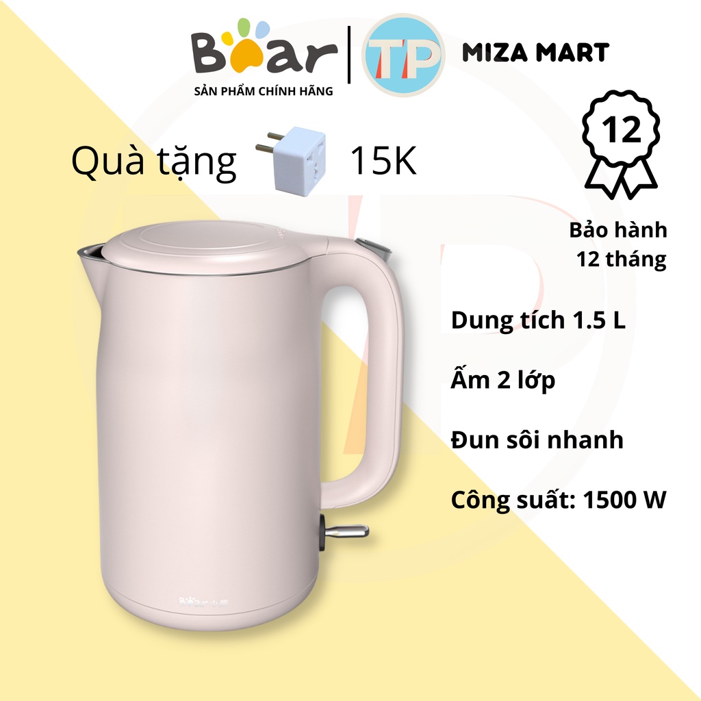 Ấm đun siêu tốc Bear ZDH-C15N1, dung tích 1.5 lít, 3 lớp, sử dụng inox 304 cao cấp