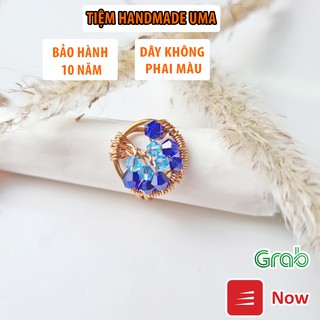 Nhẫn đeo tay nữ phong thủy handmade Tree of life đính đá xanh đại dương