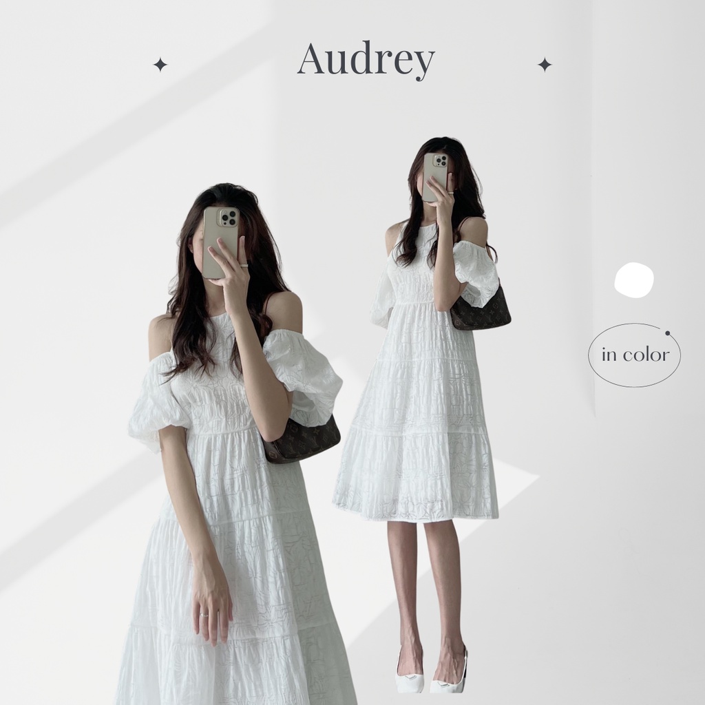 V116 Váy cổ yếm tay bồng AUDREY hai lớp dáng midi xòe