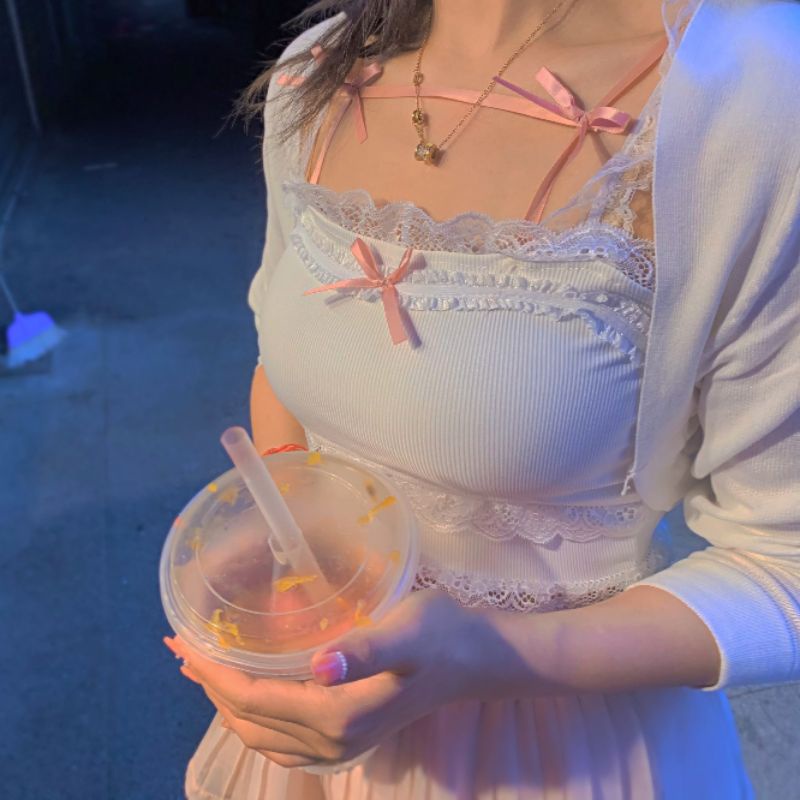 Áo yếm ren len ngọt ngào thắt nơ lolita xinh xắn có ảnh thật