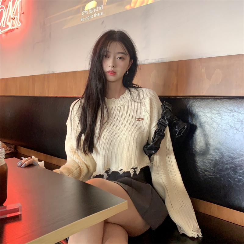 ZHELIHANGFEI Áo sơ mi dệt kim tay dài cổ cao gợi cảm - vai ngọt ngào đa năng