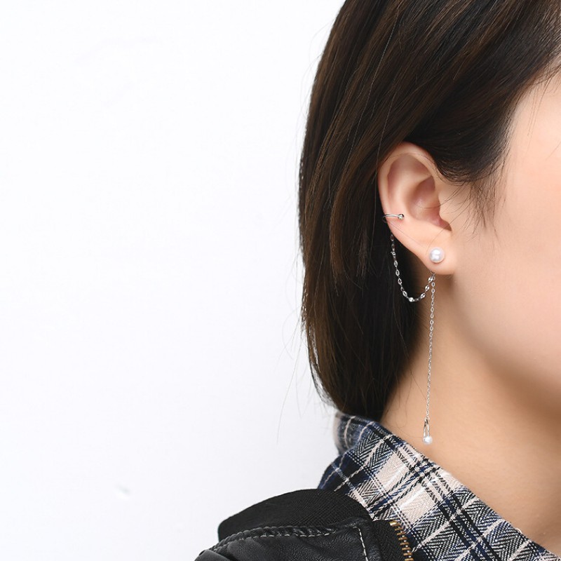 Bông Tai Bạc S925 Khuyên Kẹp Vành Pearl Drop Tua Rua  Xinh Xắn | Khuyên Tai Nữ Trang Sức Bạc Thời Trang Ear Cuff