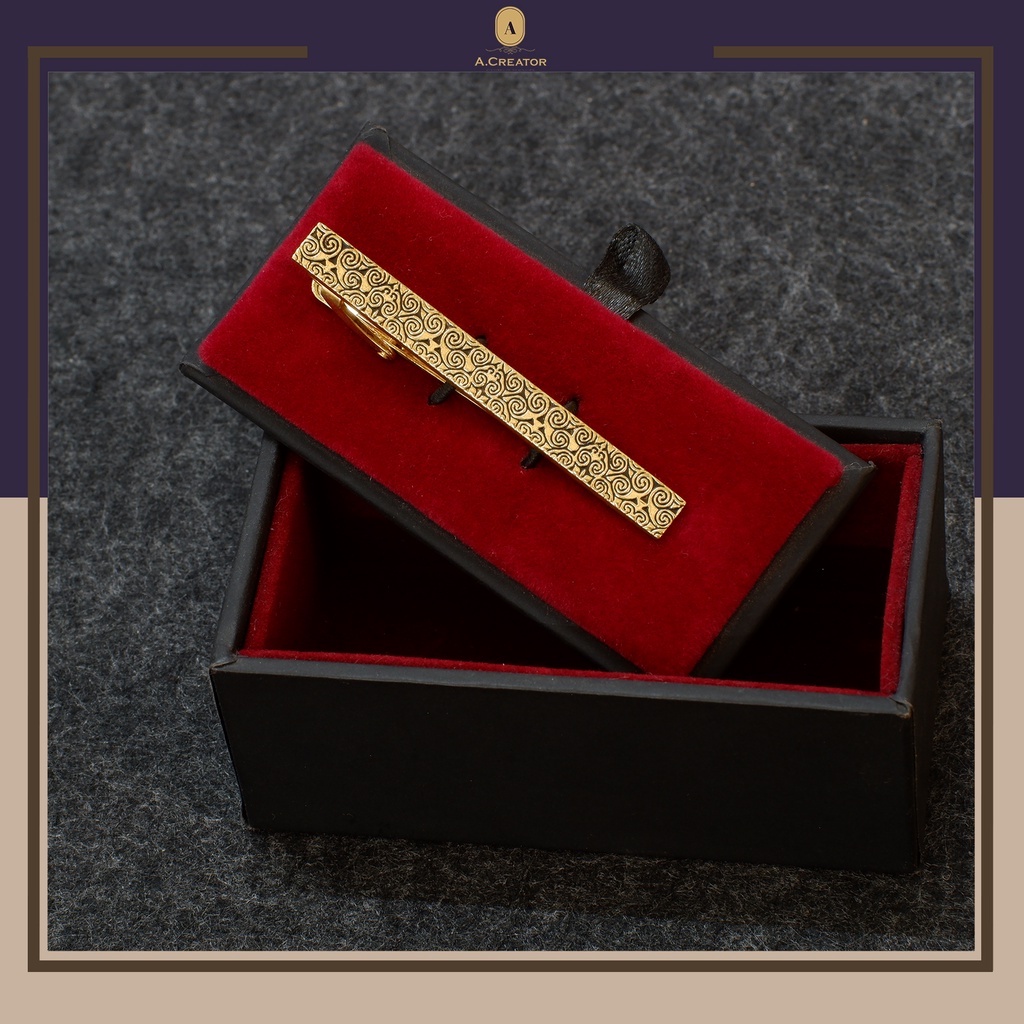 Kẹp Cà Vạt Mạ Vàng Khắc Hoa Văn 6cm - Khắc Tên Theo Yêu Cầu