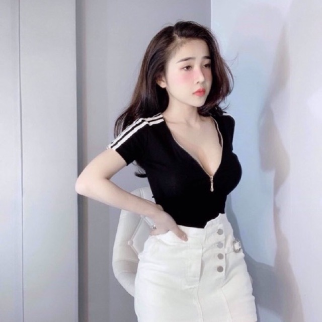 [Hoàn 10% Xu đơn 0đ] Áo thun cổ V khoá kéo ngực_áo kiểu sexy