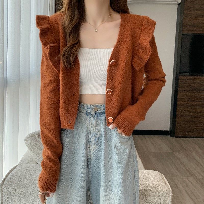 Áo cardigan dệt kim cổ chữ V tay dài nhún bèo thời trang mùa thu dễ phối đồ